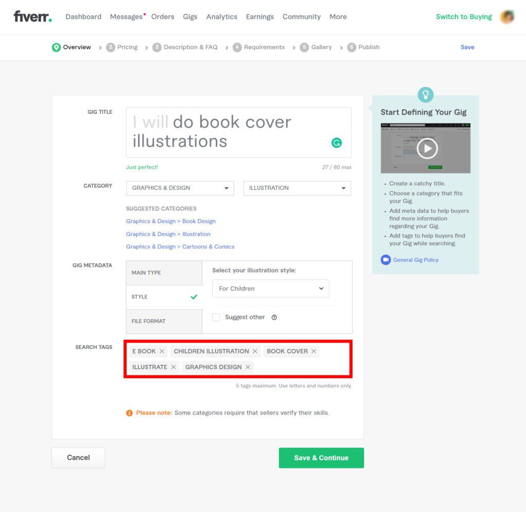 add relevant key tags to rank your gig on the first page in Fiverr