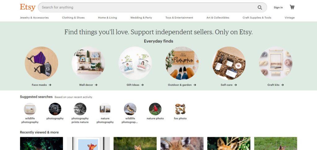 interface of etsy website